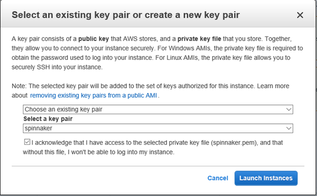 Select an existing or create a new keypair to launch Spinnaker