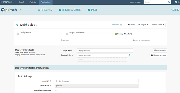 Select the Deploy (Manifest) stage depend on Google Cloud Build stage in Spinnaker