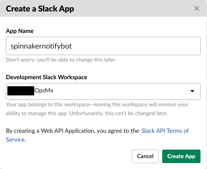 Enter the App name in Slack for the Spinnaker CD pipeline