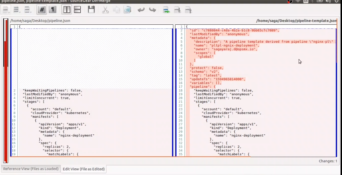 Comparison between the pipeline JSON and template JSON  in Spinnaker